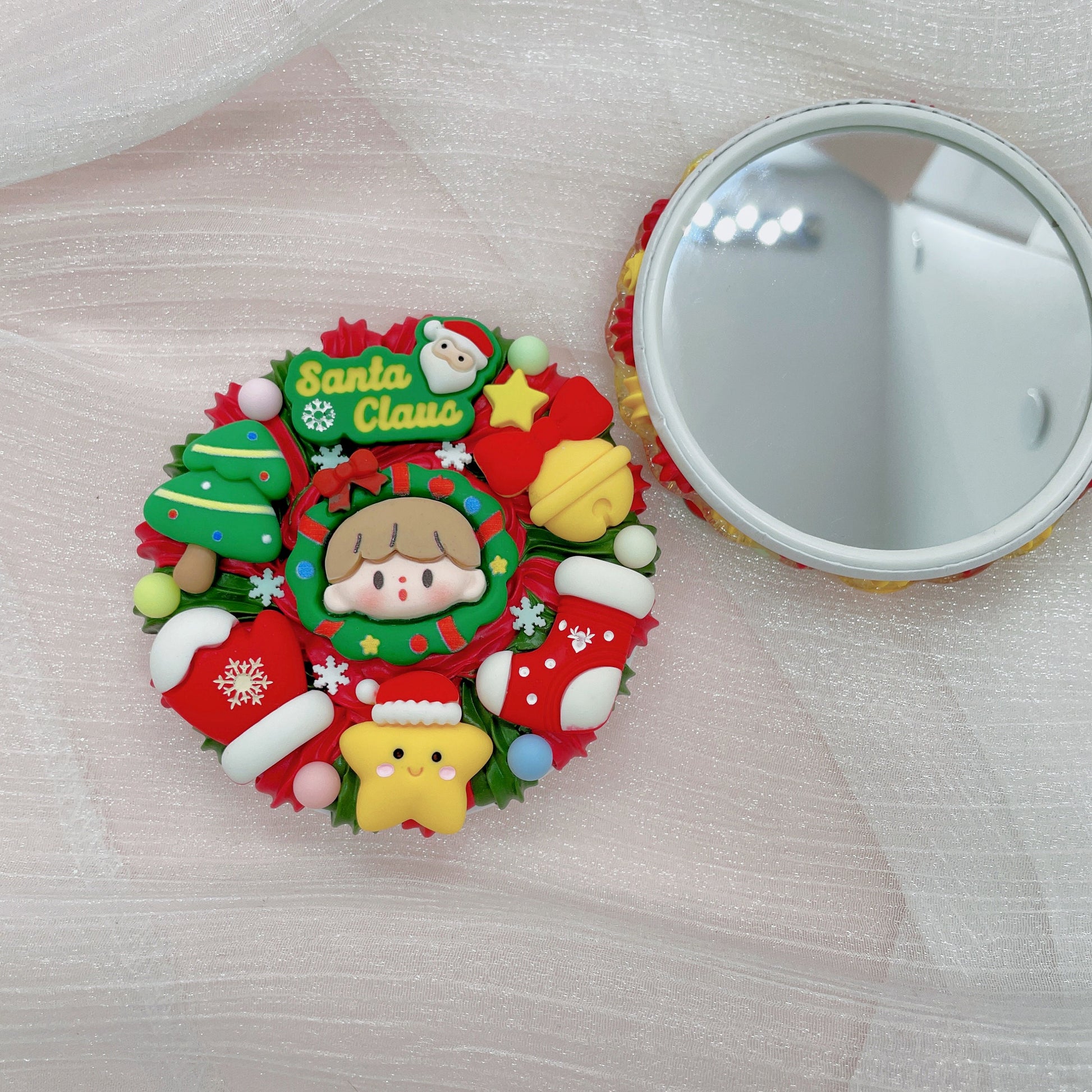 Christmas Decoden Compact mirror, Kawaii Pocket Mirror, Handmade Decoden Hair Brushes, Random 1, each one is unique