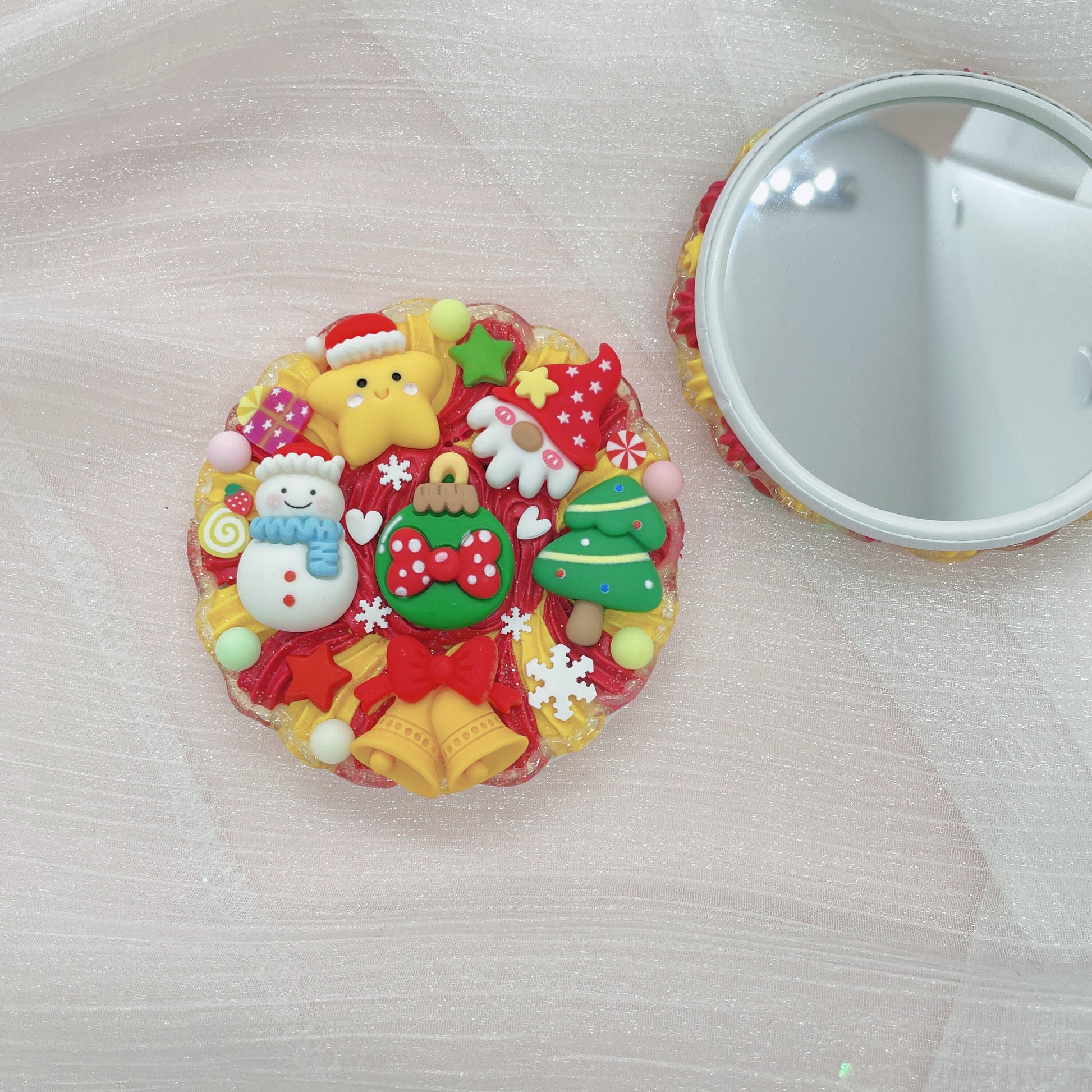 Christmas Decoden Compact mirror, Kawaii Pocket Mirror, Handmade Decoden Hair Brushes, Random 1, each one is unique